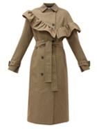 Matchesfashion.com Msgm - Houndstooth Ruffle Trim Wool Blend Trench Coat - Womens - Beige