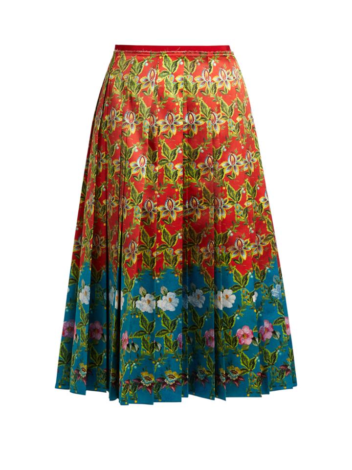 Gucci Floral-print Pleated Silk-satin Skirt