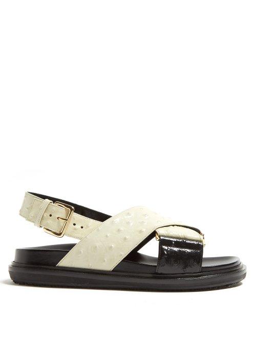 Matchesfashion.com Marni - Fussbett Ostrich Effect Leather Sandals - Womens - Black White