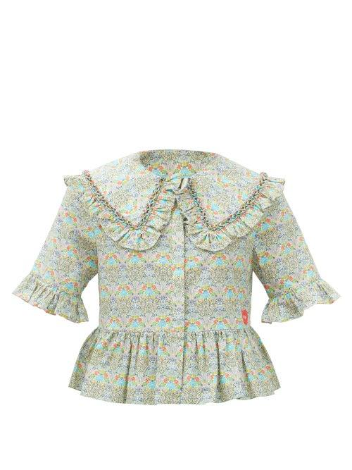 Horror Vacui - Martha Ruffled Floral-print Cotton Blouse - Womens - Green Multi