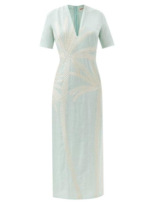 Emporio Sirenuse - Fiona Palm-embroidered Cotton-voile Dress - Womens - Green Mint