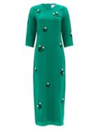 Matchesfashion.com Erdem - Evanna Floral Beaded Silk Crepe Midi Dress - Womens - Green