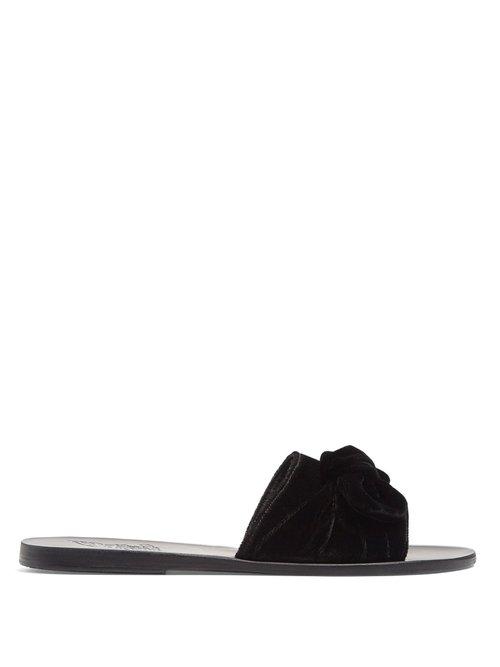 Matchesfashion.com Ancient Greek Sandals - Taygete Bow Embellished Velvet And Leather Slides - Womens - Black