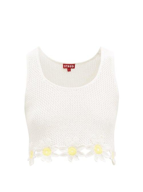 Matchesfashion.com Staud - Portofino Daisy-embellished Crocheted Cropped Top - Womens - White