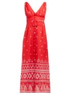 Matchesfashion.com Gl Hrgel - Geometric Pint Belted Linen Midi Dress - Womens - Red Print
