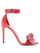 Matchesfashion.com Alexander Mcqueen - Embellished Bow Satin Sandals - Womens - Pink White