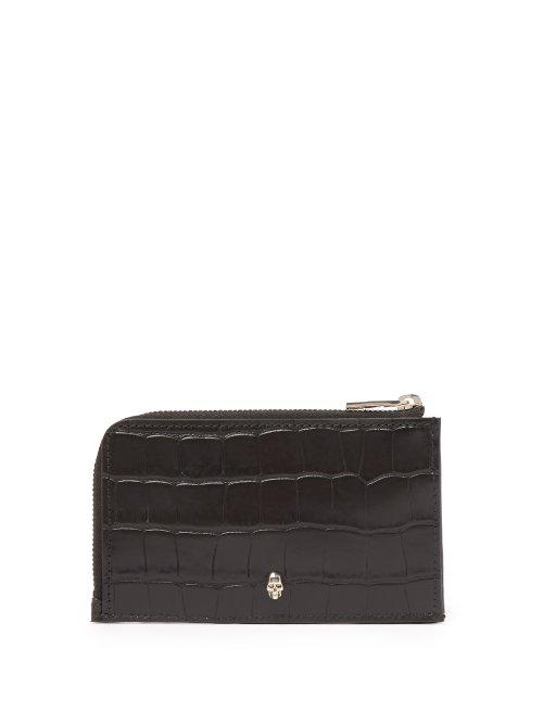 Matchesfashion.com Alexander Mcqueen - Skull Embellished Croc Effect Leather Wallet - Mens - Black