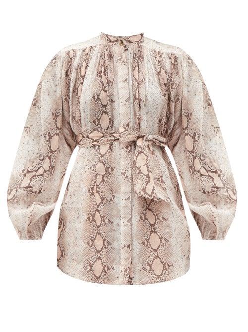 Matchesfashion.com Zimmermann - Bellitude Snake-print Batwing-sleeve Ramie Blouse - Womens - Beige Print