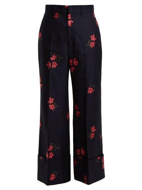 Matchesfashion.com Gucci - Rose Fil Coup Wool Cotton Wide Leg Trousers - Womens - Navy Multi