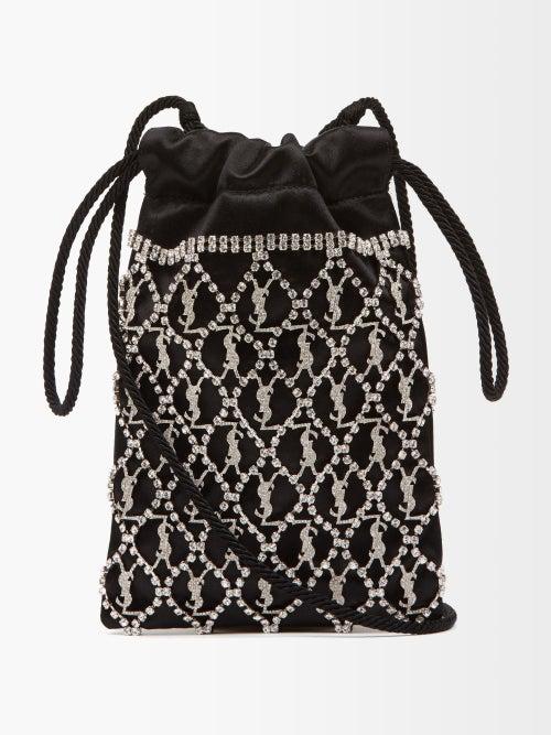 Saint Laurent - Ysl Crystal-embellished Satin Pouch - Womens - Black Silver
