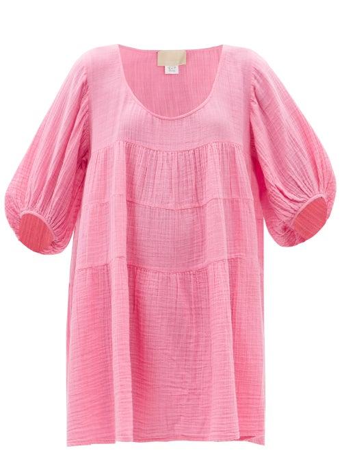 Ladies Beachwear Anaak - Nina Tiered Crinkled Cotton Mini Dress - Womens - Pink