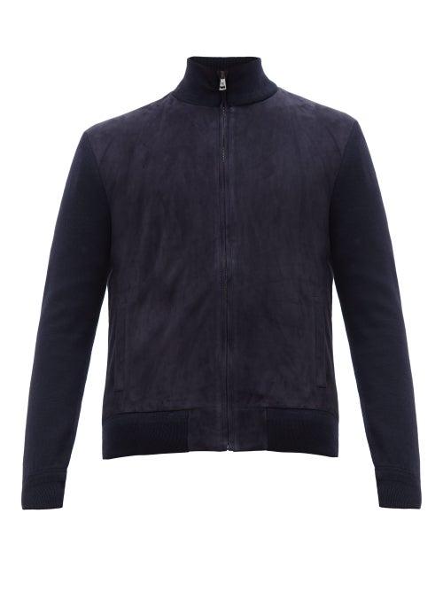 Matchesfashion.com Ralph Lauren Purple Label - Suede-front Wool-blend Zip-through Jacket - Mens - Navy