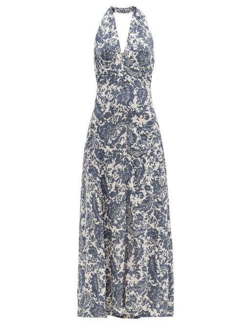 Matchesfashion.com Bella Freud - Darling Ossie Floral-print Crepe Halterneck Dress - Womens - Blue White