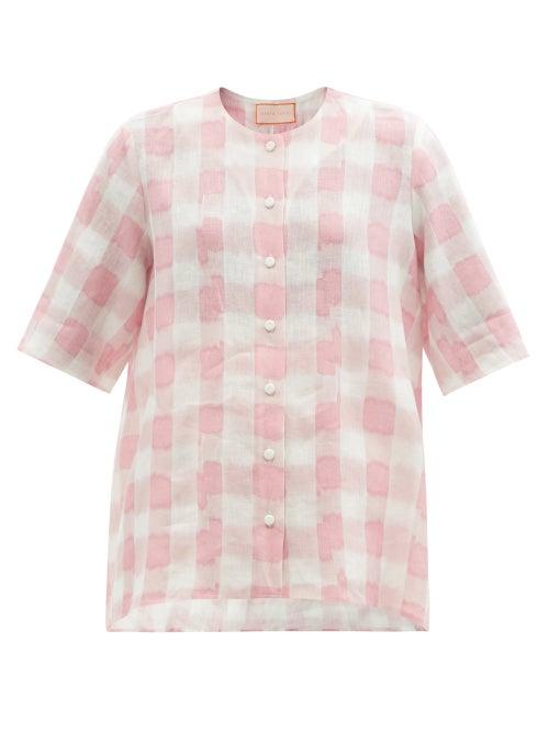 Ladies Rtw Marta Ferri - Round-neck Checked Linen Shirt - Womens - Pink White