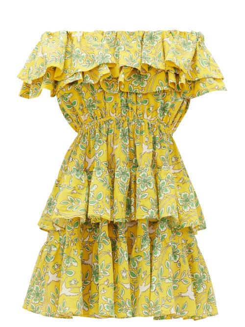 Matchesfashion.com Rhode - Dotty Off-the-shoulder Floral-print Cotton Dress - Womens - Yellow Print