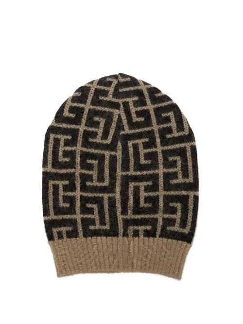 Balmain - Monogram-jacquard Merino Wool-blend Beanie Hat - Womens - Black Multi