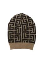 Balmain - Monogram-jacquard Merino Wool-blend Beanie Hat - Womens - Black Multi