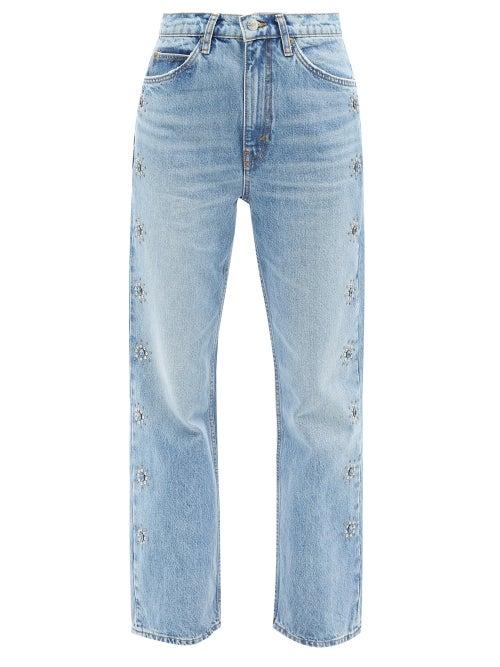Re/done - 70s Loose Flare Crystal-studded Flared Jeans - Womens - Light Blue