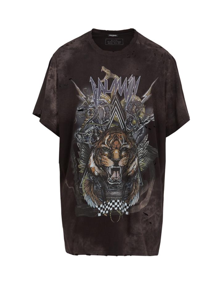 Balmain Imprim Tigre-print Distressed Cotton T-shirt