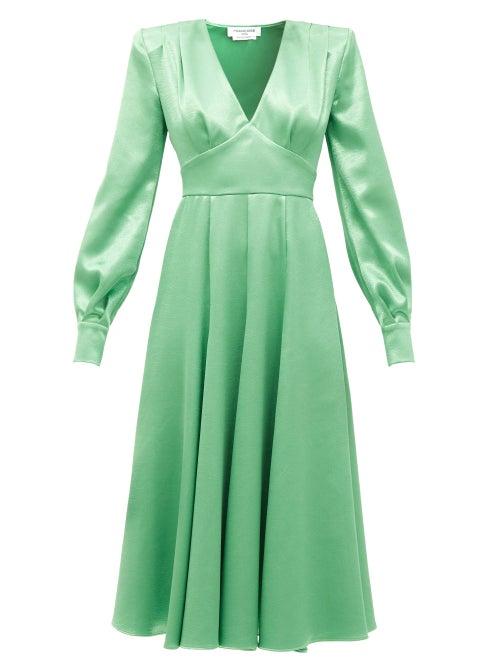 Matchesfashion.com Franoise - Padded-shoulder Satin Midi Dress - Womens - Green