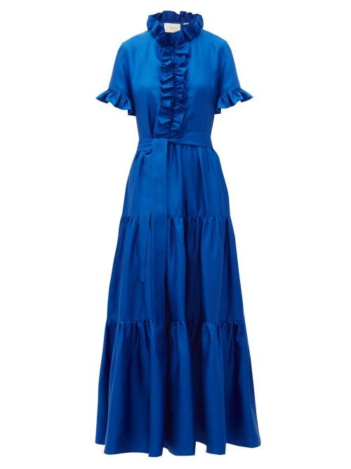 Matchesfashion.com La Doublej - Long And Sassy High-neck Ruffled Silk Dress - Womens - Blue