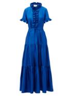 Matchesfashion.com La Doublej - Long And Sassy High-neck Ruffled Silk Dress - Womens - Blue