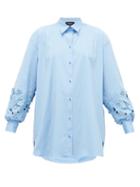 Matchesfashion.com Rochas - Floral-embroidered Sleeve Cotton-poplin Shirt - Womens - Blue