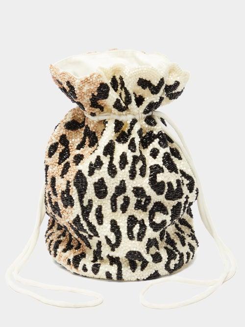Ganni - Leopard-print Beaded Drawstring Bag - Womens - Leopard
