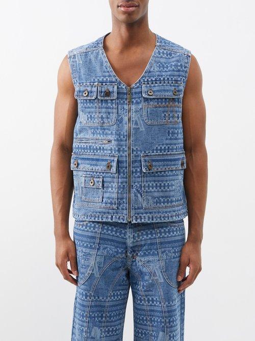 Ahluwalia - Kampala Laser-etched Denim Gilet - Mens - Light Indigo