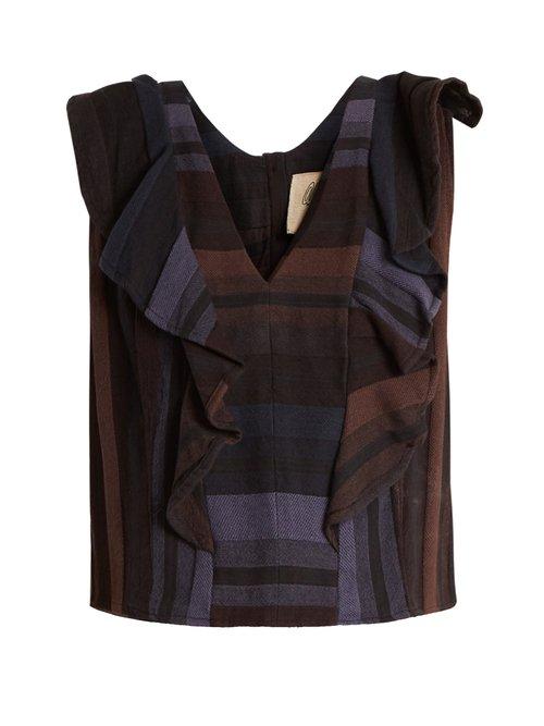 Matchesfashion.com Ace & Jig - Maggie Ruffled V Neck Striped Cotton Top - Womens - Dark Blue