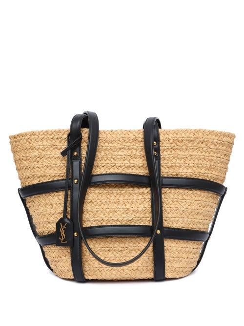 Saint Laurent - Panier Caged Leather And Raffia Basket Bag - Womens - Black Cream