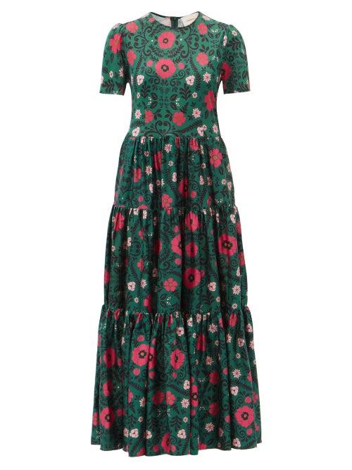 Matchesfashion.com La Doublej - Big Heckfield-print Tiered Silk-twill Dress - Womens - Green Multi