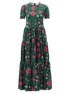 Matchesfashion.com La Doublej - Big Heckfield-print Tiered Silk-twill Dress - Womens - Green Multi