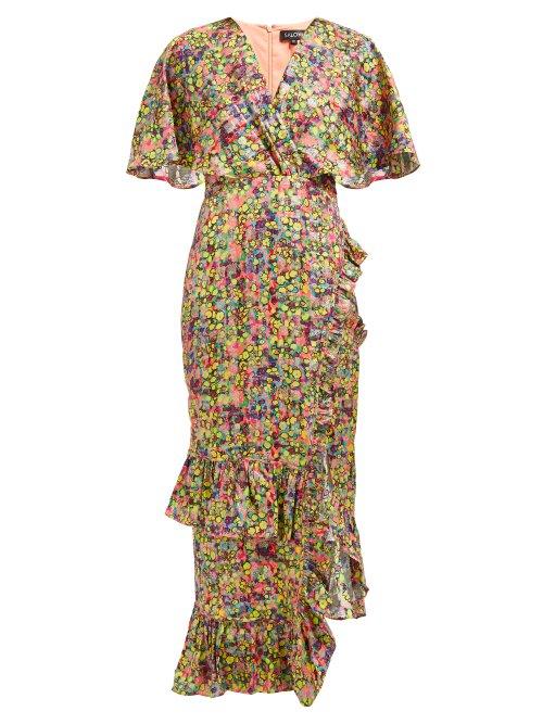 Matchesfashion.com Saloni - Rose Floral Print Silk Blend Lam Dress - Womens - Multi