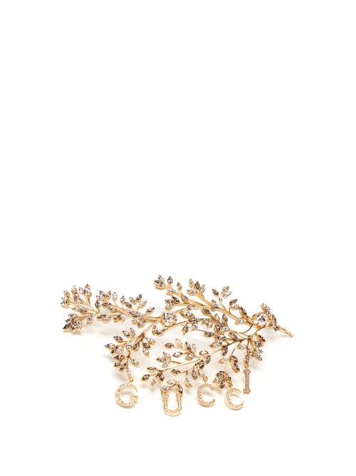 Gucci - Crystal-embellished Floral-logo Brooch - Womens - Silver Multi