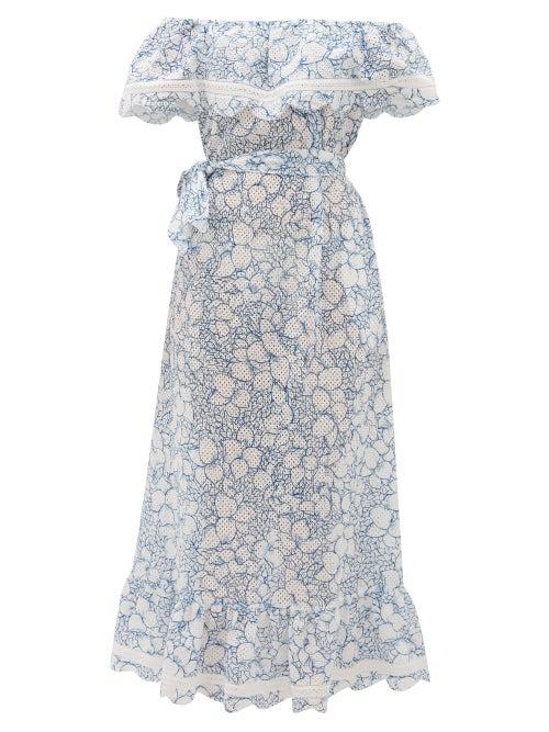 Matchesfashion.com Marysia - Lemnos Ruffled Broderie-anglaise Cotton Dress - Womens - Blue Print