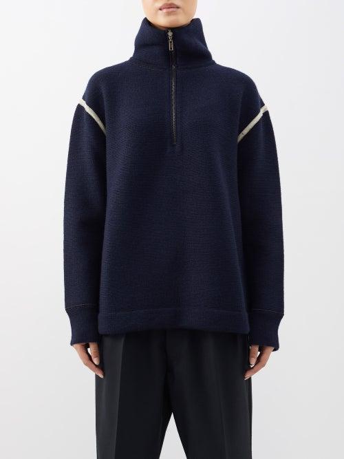 Maison Margiela - Denim-patch Half-zip Wool Sweater - Womens - Navy