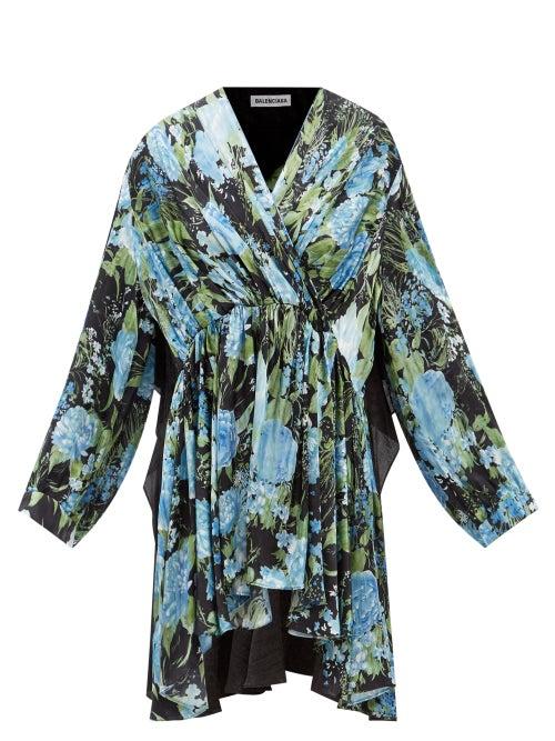 Balenciaga - Contrasting Peony-print Wrap Dress - Womens - Blue Multi