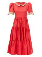 Batsheva - Spring Lucy Ruffled-collar Cotton-poplin Dress - Womens - Red