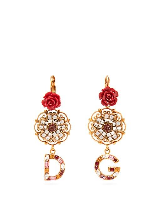 Matchesfashion.com Dolce & Gabbana - Crystal Embellished Floral Earrings - Womens - Red