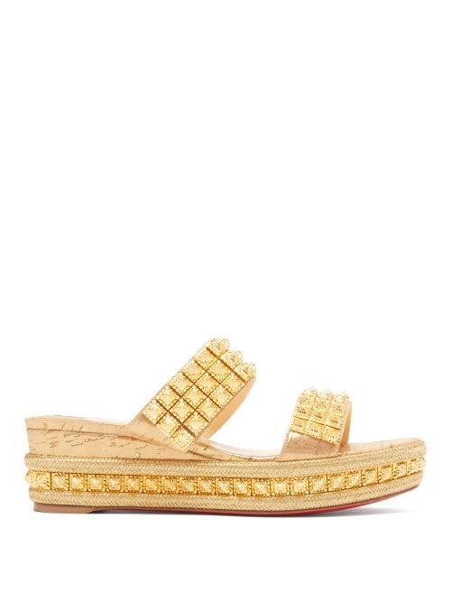 Matchesfashion.com Christian Louboutin - Ecu Studded Strap Wedge Mules - Womens - Gold
