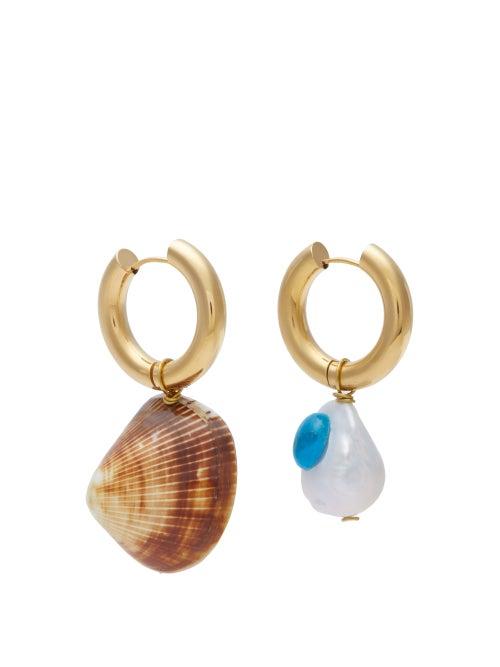 Matchesfashion.com Timeless Pearly - Mismatched Pearl And Shell Gold Vermeil Earrings - Womens - Brown