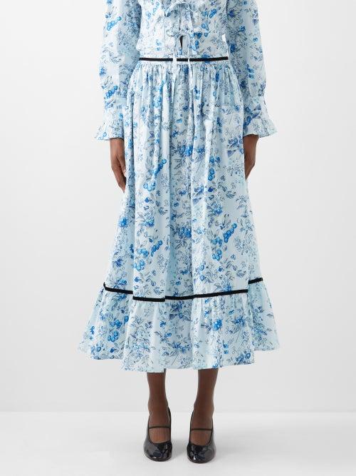 Batsheva - X Laura Ashley Kipp Printed Cotton Midi Skirt - Womens - Blue Multi