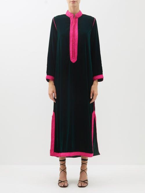 Muzungu Sisters - Alia Embroidered Velvet Midi Dress - Womens - Dark Green