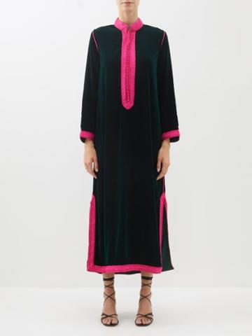 Muzungu Sisters - Alia Embroidered Velvet Midi Dress - Womens - Dark Green