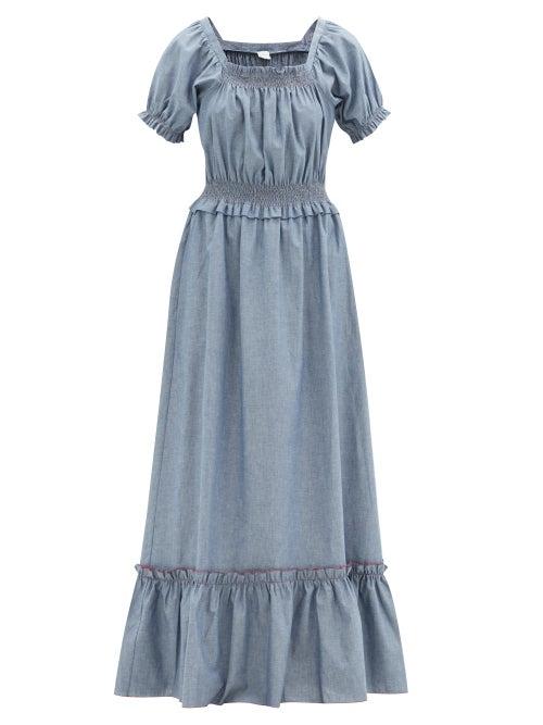 Matchesfashion.com Loretta Caponi - Stefania Shirred Cotton-chambray Maxi Dress - Womens - Blue