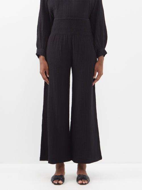 Anaak - Maya Shirred-waist Cotton-muslin Wide-leg Trousers - Womens - Black