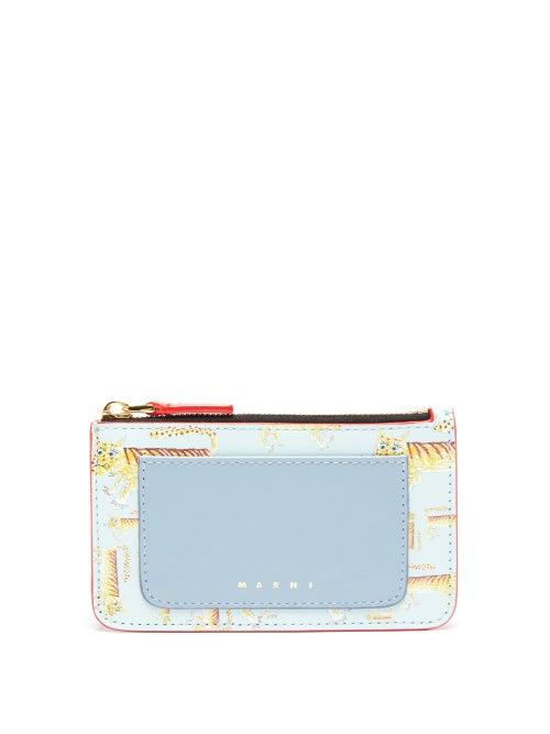 Marni - Zipped Tiger-print Leather Cardholder - Womens - Light Blue