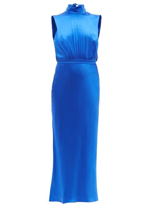 Matchesfashion.com Saloni - Fleur High Neck Silk Satin Midi Dress - Womens - Blue