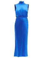 Matchesfashion.com Saloni - Fleur High Neck Silk Satin Midi Dress - Womens - Blue